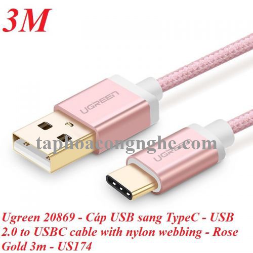 Ugreen 20869 3M màu Hồng Dây USB 2.0 sang Type-C đầu nhôm dây bọc vinyl US174 30020869